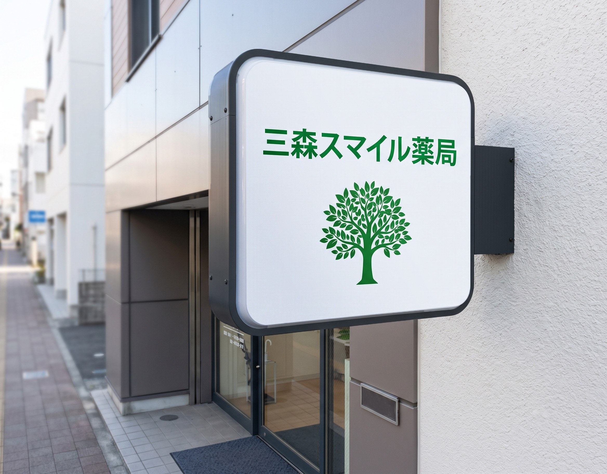 川口市・調剤薬局 正方形突き出し看板 施工事例